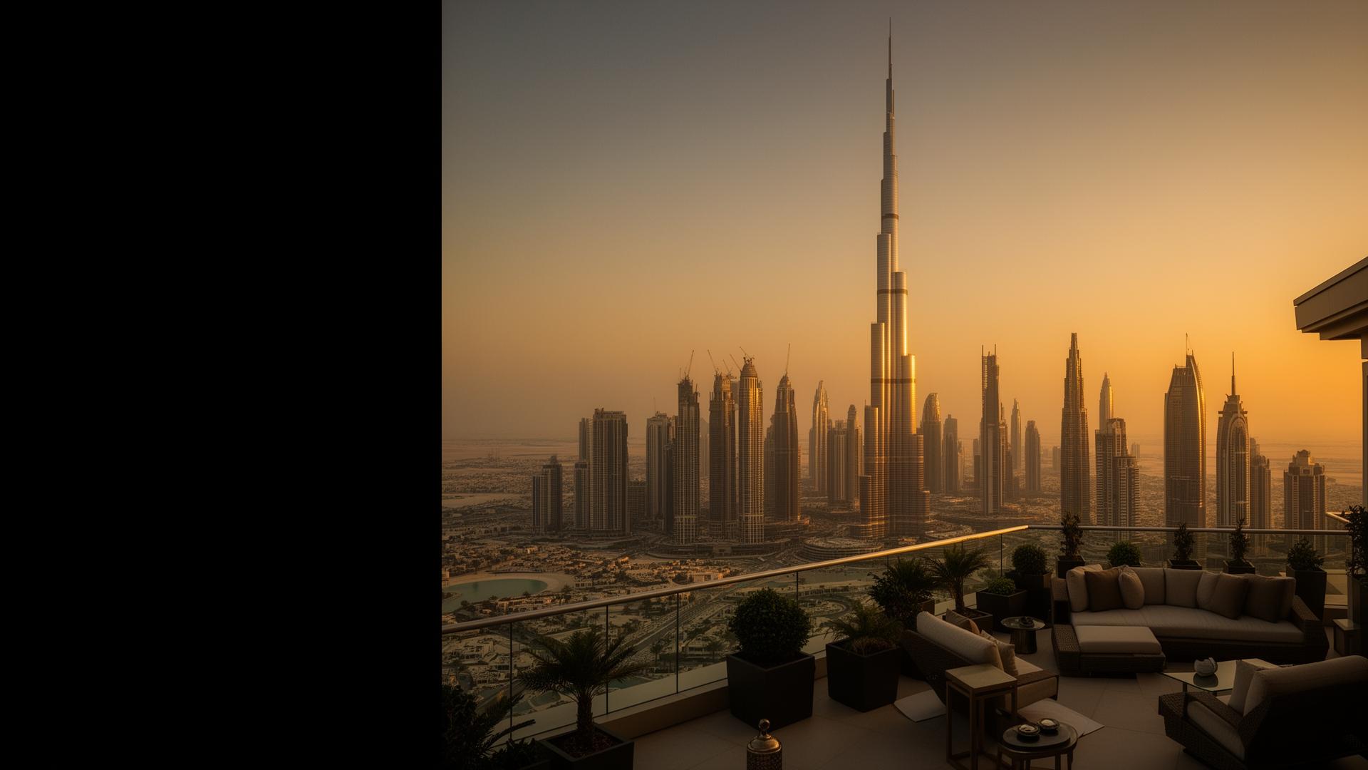 Dubai skyline at golden hour with the Burj Khalifa rising above the city